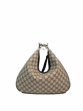 Gucci GG Supreme Hobo Bag in Beige and Black with Red Trim